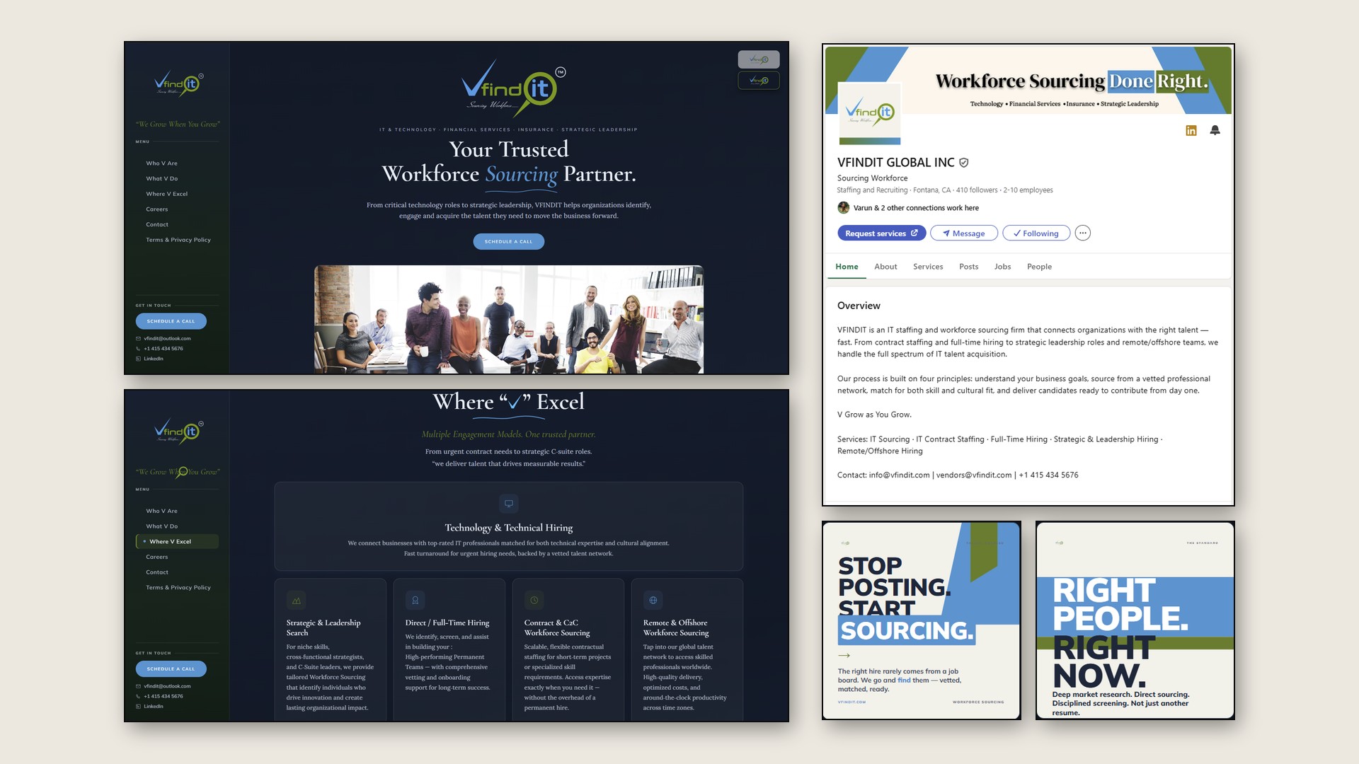 VFindIT after the rebuild — the new dark navy homepage and “Where V Excel” page beside a fully branded LinkedIn company page and two post graphics reading “Stop posting. Start sourcing.” and “Right people. Right now.”