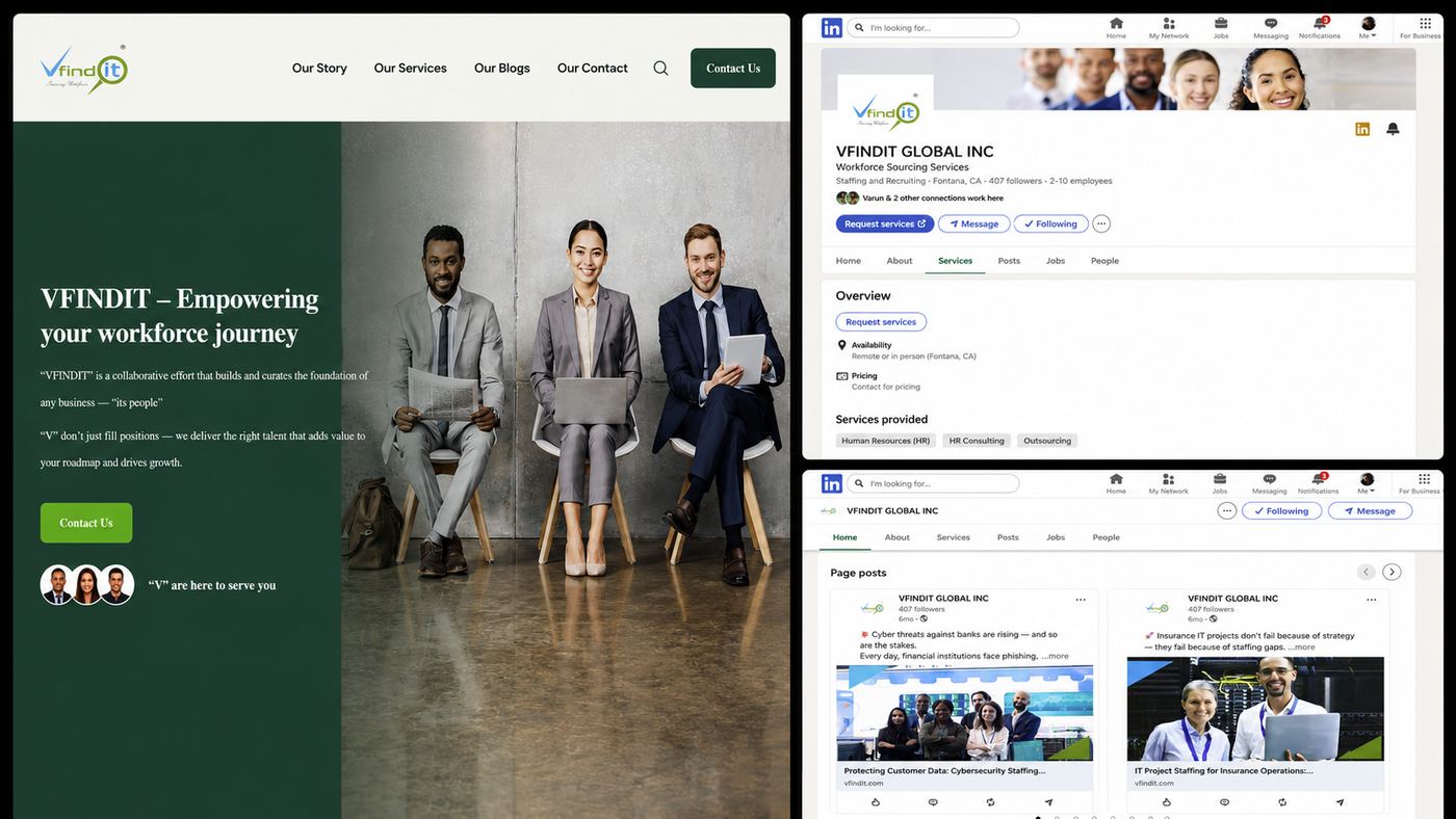 VFindIT before the rebuild: the previous website beside an unstyled LinkedIn company page with no consistent branding.