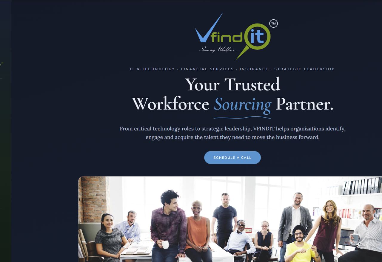 The VFindIT website homepage: the wordmark centred on deep navy above the headline &lsquo;Your Trusted Workforce Sourcing Partner&rsquo; and a Schedule a Call button.